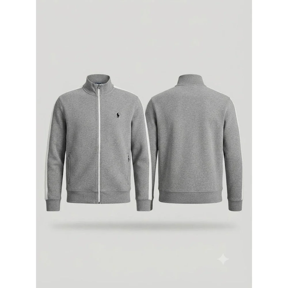 Polo Ralph Lauren Track Jacket Mens M Gray Full Zip Stripe Fleece Sweatshirt
